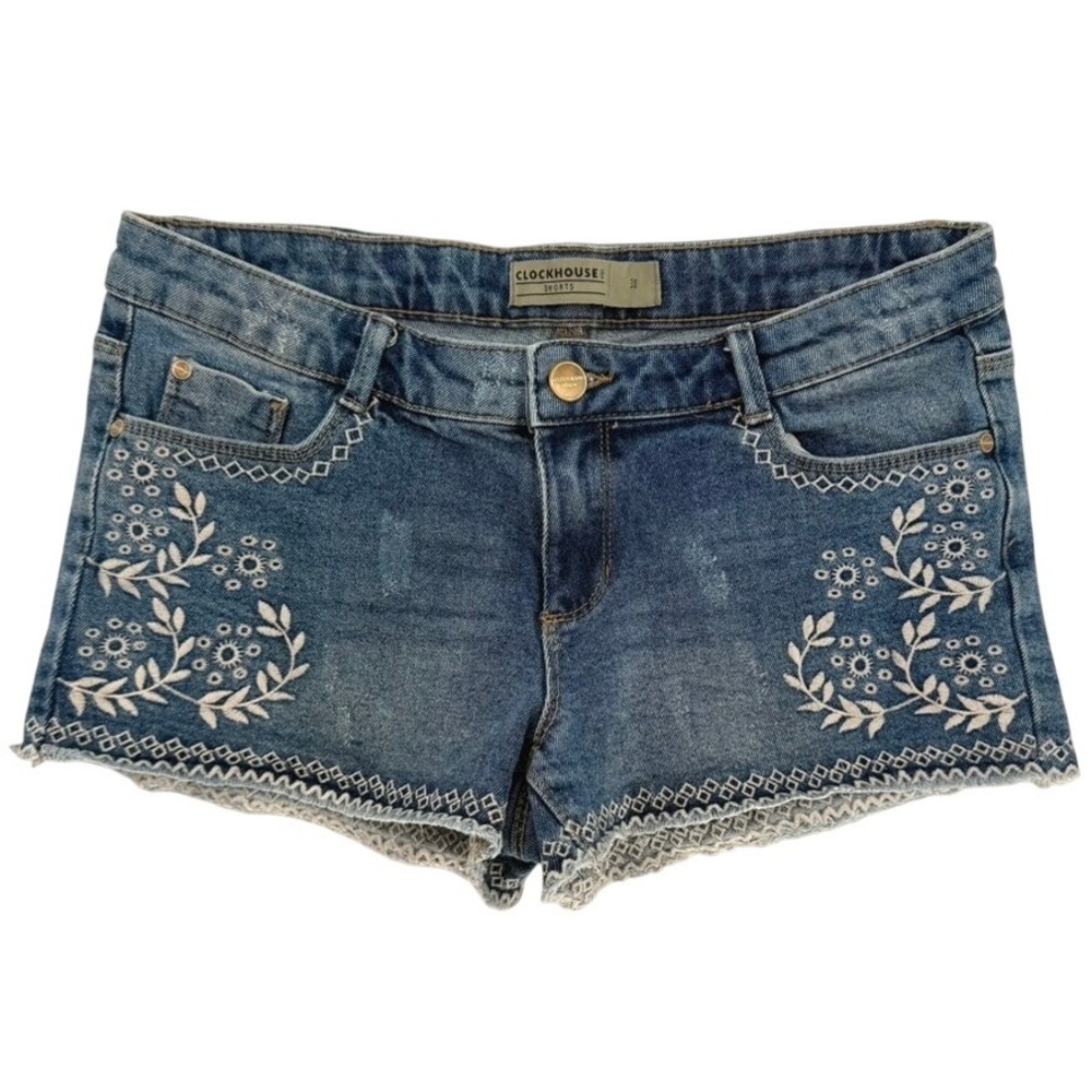 Clockhouse Womens Blue Embroidered Floral Denim Shorts Medium Wash Size 38